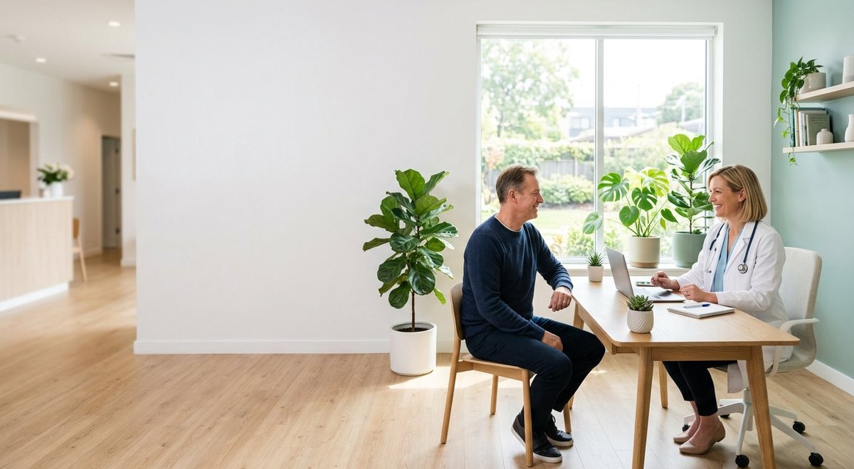 A clinician at Health Wellness Grid talking with a patient in a bright clinic room
